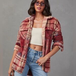 Plaid Fuzzy Jacket in Red and Pink
